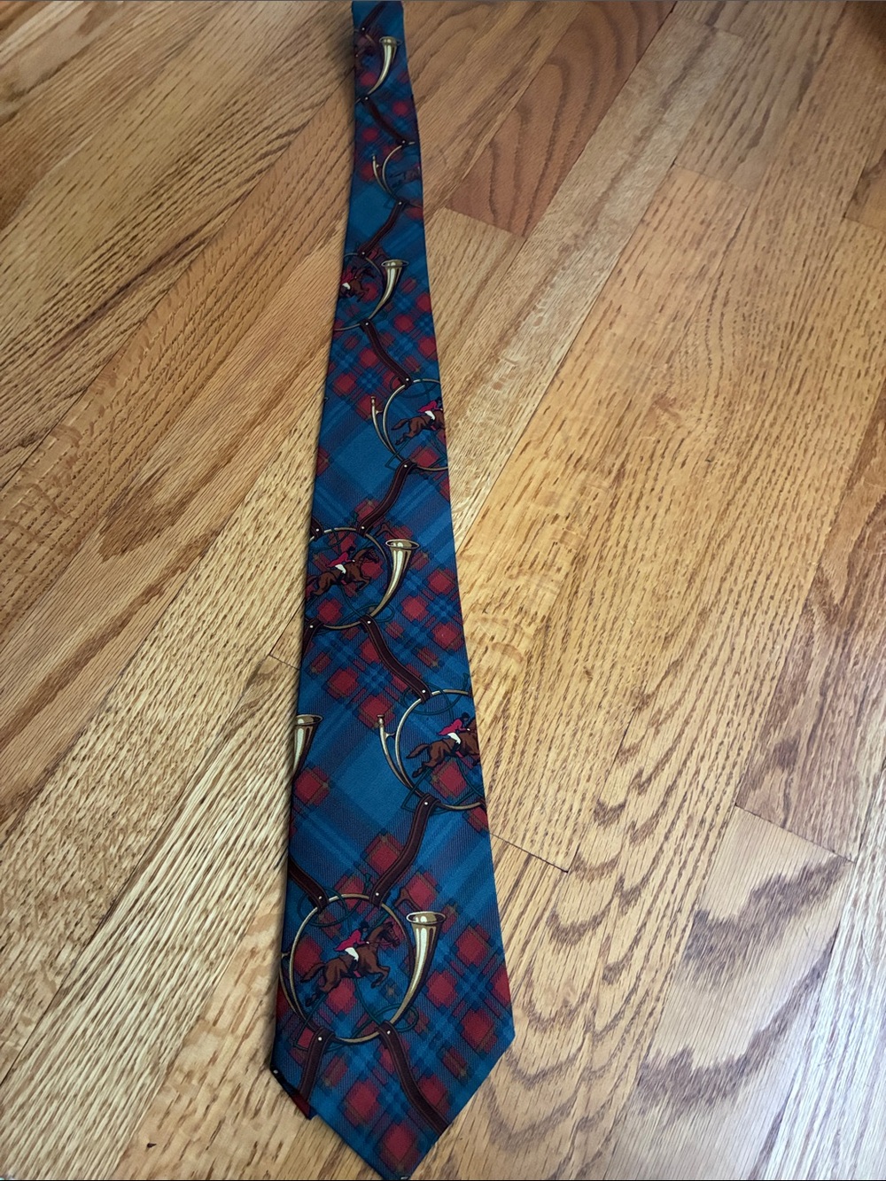 Polo by Ralph Lauren Blue and Red Plaid Tie with Gold Horn Motif
